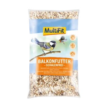 MultiFit Balkonfutter Vogelfutter, 5 kg Sack, mit geschälten Samen, mit Bildern einer Kohlmeise und einem Rotkehlchen auf der Verpackung.