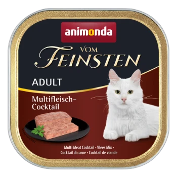 Katzenfutterverpackung mit einer weißen Katze, beschriftet mit "animonda vom Feinsten ADULT Multifleisch-Cocktail" mit einer Fleischportion auf einem Teller.