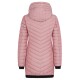 Rückansicht einer rosa Daunenjacke mit Kapuze, mit einem Zickzack-gesteppten Muster und schwarzen Bündchen an den Ärmeln.