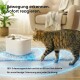 Getigerte Katze schnuppert an einem weißen Trinkbrunnen auf einem Teppich im Wohnzimmer. Sichtbarer Text: 'Bewegung erkennen. Sofort reagieren.'