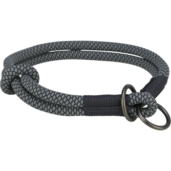 Ein grau-schwarzes geflochtenes Hundehalsband mit Knotendesign und Metallringen zur Leinenbefestigung.
