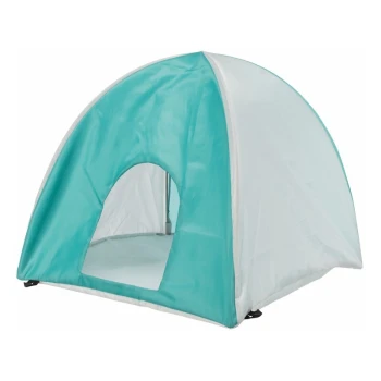 Ein kleines, türkis- und weißes Haustierzelt mit einem vorderen Eingang, entworfen für Haustiere zum Ausruhen oder Spielen.