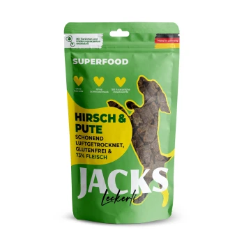 Grüne Verpackung für Jacks Hundeleckerlis mit 'Hirsch & Pute' (Reh & Truthahn), glutenfrei, 73% Fleisch und 100% natürliche Zutaten.
