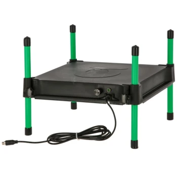 Schwarzer Haustierpflege-Tisch mit grünen Beinen, mit einem Stromkabel und einem Bedienfeld an der Seite.