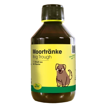 Flasche cdVet Moortränke mit einer dunkelbraunen Flüssigkeit, beschriftet mit "100% NATUR" und einem grünen Blattlogo.