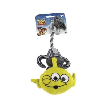Green Toy Story alien plush dog toy with braided rope and knot, attached to packaging card reading "Toy Story" with Woody