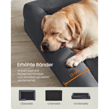 Gelber Labrador schläft auf dunklem grauem Hundebett mit 13 cm erhöhtem Rand; sichtbarer Text 'Erhöhte Ränder'.