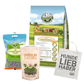 Verschiedene Haustierfutterprodukte: BELLFOR Trockenfutter, Insekten-Snacks, Shiimun Ergänzungsmittel und eine Tragetasche mit der Aufschrift "Hunde Lieb Haber."