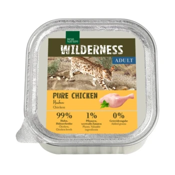 WILDERNESS Nassfutter Katze, Adult Pure Chicken 16x100 g Silberner Haustierfutterbehälter mit der Aufschrift "Wilderness Adult Pure Chicken" mit einem Bild einer Wildkatze, das 99% Huhn, 1% Pflanzen, 0% Getreide angibt.