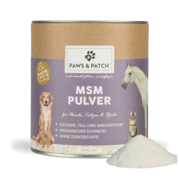 Dose Paws & Patch MSM-Pulver mit Logo, Bildern von Hund, Katze und Pferd sowie deutschem Hinweis 'für Hunde, Katzen & Pferde'.