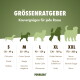 Größenratgeber 'GRÖSSENRATGEBER – Kauvergnügen für jede Rasse': Spalten S–XXL (20–200 g) mit Hundesilhouetten und Rassebeispielen
