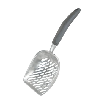 Stainless steel cat litter scoop with a gray ergonomic handle, featuring a slotted design for easy waste removal.