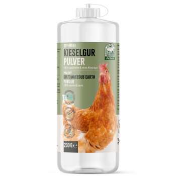 Poultry-Diatomeenerde-Pulver in einer klaren Flasche, mit einer Illustration einer braunen Henne, beschriftet mit "100% natürlich & rein," 200g.