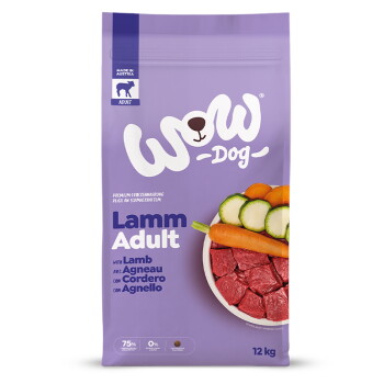 Violette WOW Dog-Tüte mit Aufschrift 'Lamm Adult' Trockenfutter für Hunde, Napf mit Lammstücken, Karotten und Zucchini, 12 kg