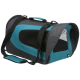 Ein stilvoller Haustierträger in Grau und Teal, mit Netzpaneelen zur Belüftung, einem stabilen Griff und einem verstellbaren Schultergurt.