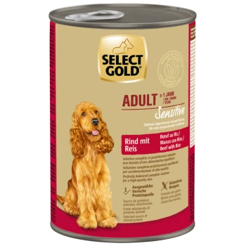 Select Gold Adult Sensitive dog food can with image of a golden retriever, labeled "Beef with Rice" and gluten-free formula.