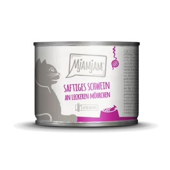 Blik kattenvoer met een grijze katten silhouet, gelabeld "Mjamjam Saftiges Schwein an leckeren Möhrchen," graanvrij.