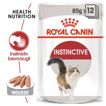Royal Canin Instinctive Katzenfutterbeutel, 85g x 12, mit einer laufenden Katzenillustration, mit dem Text 'Health Nutrition' und 'Mousse'.