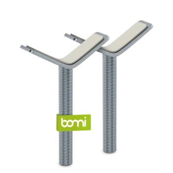 Zwei metallische Haustierpflegewerkzeuge mit strukturierten weißen Pads oben, mit einem grünen "bomi"-Logo auf einem Etikett.