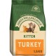 Bag of James Wellbeloved kitten food, turkey flavor, 1.5 kg, featuring illustrations of an orange and a tabby cat.