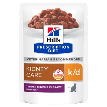 Hill's Prescription Diet Kidney Care k/d natte kattenvoeding zakje, met zachte stukjes in jus met rundvlees, door dierenartsen aanbevolen.