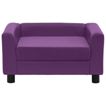 Lila Haustiersofa mit einfachem Design, mit gepolsterter Sitzfläche und Armlehnen, unterstützt von schwarzen Beinen.