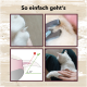 Bild, das eine Schritt-für-Schritt-Anleitung zum Schneiden von Katzenkrallen zeigt, mit vier Panels und dem Text "So einfach geht’s."