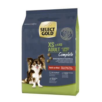 Select Gold XS Adult Hundefutter, 4 kg Tasche, mit einem Chihuahua auf der Vorderseite, beschriftet mit 'Reich an Rind' und 'Vollständig.'
