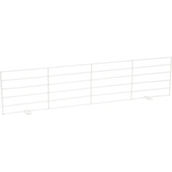 White metal pet gate with horizontal bars, designed to keep pets contained in a specific area.