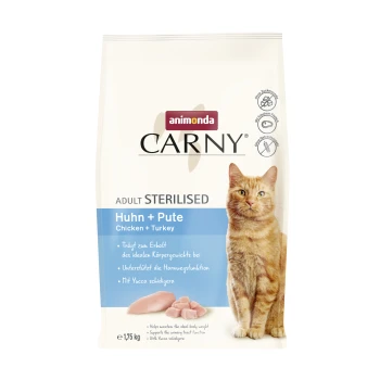 Animonda Carny Adult Sterilised Katzenfutterverpackung, die Huhn und Truthahn zeigt und Vorteile für Körpergewicht und Harnwegsgesundheit bewirbt.