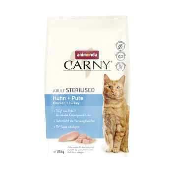Karma Animonda CARNY dla dorosłych sterylizowanych kotów, Kurczak + Indyk (Chicken + Turkey) w opakowaniu ze zdjęciem rudego pręgowanego kota, 1,75 kg