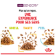 Image promouvant un produit alimentaire pour animaux avec "NOUVEAU SENSORIEL" et des visuels de textures étiquetées "ODEUR," "GOÛT," et "TOUCHER."