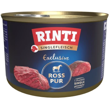 Boîte de nourriture pour chien Rinti Single Protein avec des images de viande crue, étiquetée "Rinti Exclusive Ross Pur," mettant en avant une source de protéine unique.