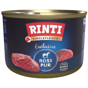 Rinti Single Protein Hundefutterdose mit Bildern von rohem Fleisch, gekennzeichnet "Rinti Exclusive Ross Pur," betont die Einzelproteinquelle.