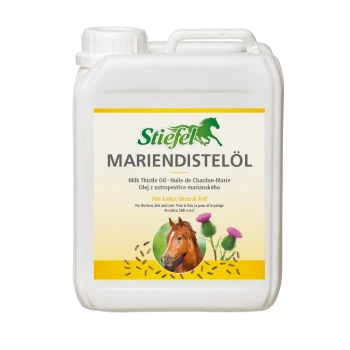 Behälter mit Stiefel Marien-Distelöl (Milk Thistle Oil) mit einem Pferdebild, gekennzeichnet als 100% natürliches Öl, das die Gesundheit von Leber, Haut und Fell fördert.