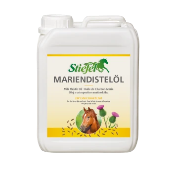 Behälter mit Stiefel Marien-Distelöl (Milk Thistle Oil) mit einem Pferdebild, gekennzeichnet als 100% natürliches Öl, das die Gesundheit von Leber, Haut und Fell fördert.
