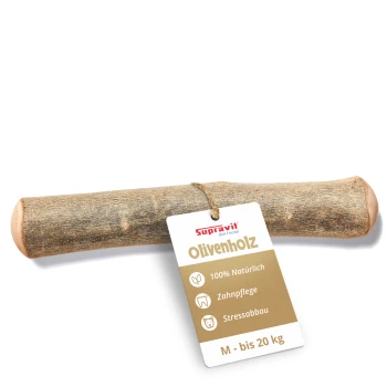 Natürlicher Holzkausnack für Haustiere, mit einer strukturierten Oberfläche und abgerundeten Enden, vor einem weißen Hintergrund.