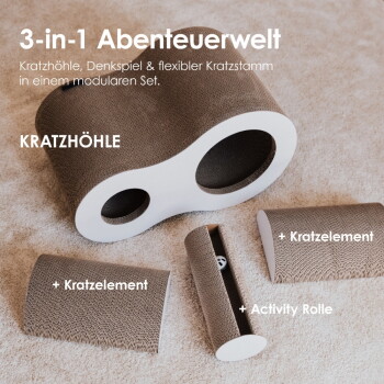 Katzenspiel-Set auf Teppich: Kratzhöhle mit zwei Öffnungen und gebogene Teile. Sichtbarer Text: '3-in-1 Abenteuerwelt', 'KRATZHÖHLE'.