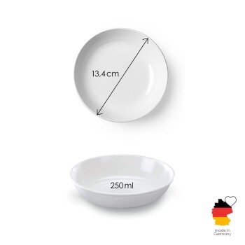Weiße Futterschüssel für Haustiere mit einem Durchmesser von 13,4 cm und einer Kapazität von 250 ml, beschriftet mit "made in Germany."