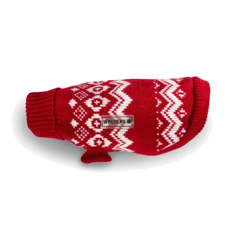 Roter Fair-Isle-Strickhundepullover mit geripptem Kragen, kleinem Beinausschnitt und metallischem WOLTERS-Label.