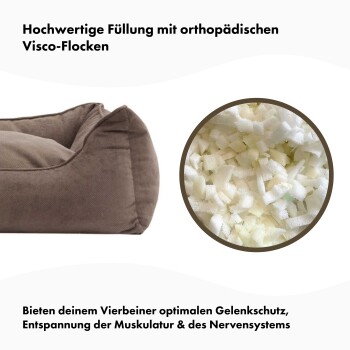 Orthopädisches Haustierbett mit hochwertigen Viskoflocken; der Text hebt den Gelenkschutz und die Muskelentspannung für Haustiere hervor.