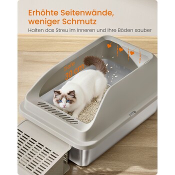 Weiße Ragdoll in beiger Katzentoilette mit erhöhten Seitenwänden und Rampe; deutscher Text 'Erhöhte Seitenwände' und 'Tiefe 30 cm'.