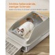 Weiße Ragdoll in beiger Katzentoilette mit erhöhten Seitenwänden und Rampe; deutscher Text 'Erhöhte Seitenwände' und 'Tiefe 30 cm'.