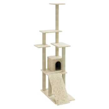 Ein hoher, mehrstöckiger Katzenbaum mit beigen Plattformen, einem gemütlichen Versteck an der Basis und einer schrägen Rampe für einfachen Zugang.
