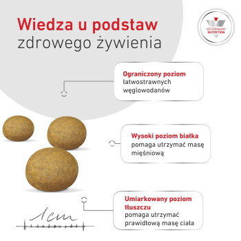 Trzy kulki karmy, nagłówek 'Wiedza u podstaw zdrowego żywienia', oznaczenia: niska zawartość węglowodanów, wysokobiałkowa, umiarkowana zawartość tłuszczu; logo weterynaryjne.