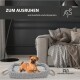 Ein gemütlicher Hund ruht auf einem weichen, grauen, gewebten Hundebett in einem stilvollen Wohnzimmer, mit dem Text 'ZUM AUSRUHEN' darüber.