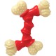 Nylabone Hundekauspielzeug in Form eines Knochens, mit einem roten Zentrum und strukturierten weißen Enden für die Zahngesundheit.