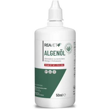 Flasche mit REAVET Algenöl, einer veganen Alternative zu tierischen Omega-3-Fettsäuren, mit 56% EPA & DHA, 50ml.