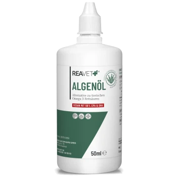 Flasche mit REAVET Algenöl, einer veganen Alternative zu tierischen Omega-3-Fettsäuren, mit 56% EPA & DHA, 50ml.
