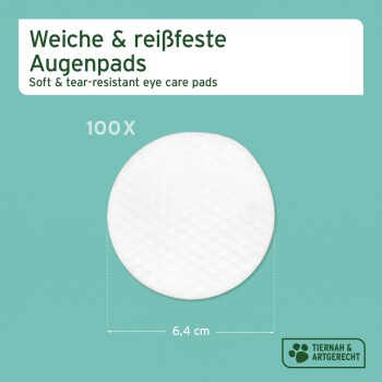 Weiche und reißfeste Augenpflege-Pads, 6,4 cm im Durchmesser, verpackt als 100 Einheiten. Marke: Tiernah & Artgerecht.